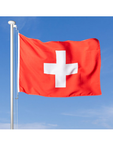 drapeau Suisse flottant au vent sur le mât, ciel bleu en arrière-plan