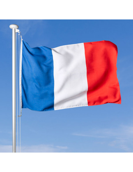 bandiera Francia che sventola al vento sul pennone, cielo blu sullo sfondo